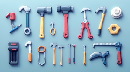 Fototapeta premium 3D vector cartoon icons of essential tools: planer, saw, pliers, screwdriver, vise, drill, hammer, adjustable wrench, bright and detailed