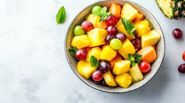 A bowl of organic mixed fruit salad including pineapple, grapes, and melon on a white table