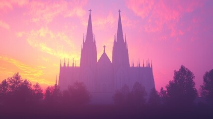 Majestic Gothic Church at Sunset - Ultra-Detailed 3D Render Illustration of Tranquil Evening Scene with Silhouetted Spires Against Colorful Sky