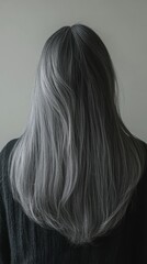 Naklejka premium Senior Asian Woman Showcasing Long Gray Silky Hair With a Vibrant Shine and Healthy Appearance. Generative AI