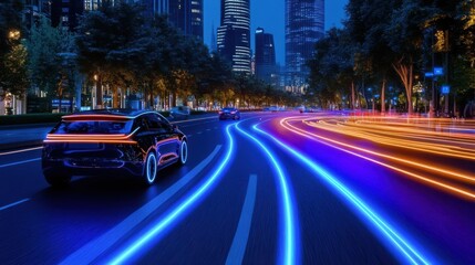 Futuristic Smart City with AI-Driven Vehicles at Night