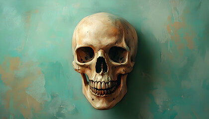 A skull with a mischievous smile, a surreal and playful take on the usual morbid motif  