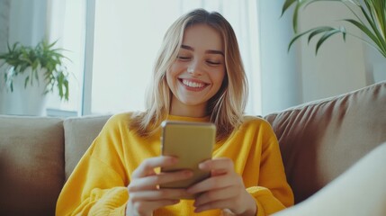 Photo of happy and relaxed young woman sitting on a sofa. The young woman smiles and laughs while holding a smartphone and enjoying online shopping via a mobile app.
