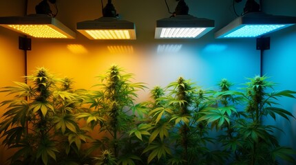 Indoor cannabis cultivation with varying light spectrums promoting plants' growth in a controlled environment