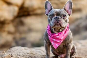 Fototapeta premium French Bulldog Sitting Wearing Bandanna: Cute Dog in Pink Accessory