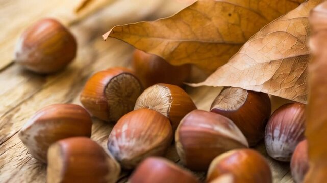 Video of scattered whole hazelnuts on weathered wood background, dry autumn brown leaves, fall mood, cozy, inspirational, copy space