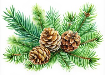Green Pine Branches and Cones Watercolor Clipart Collection - Isolated Frame for Nature, Christmas, and Holiday Designs