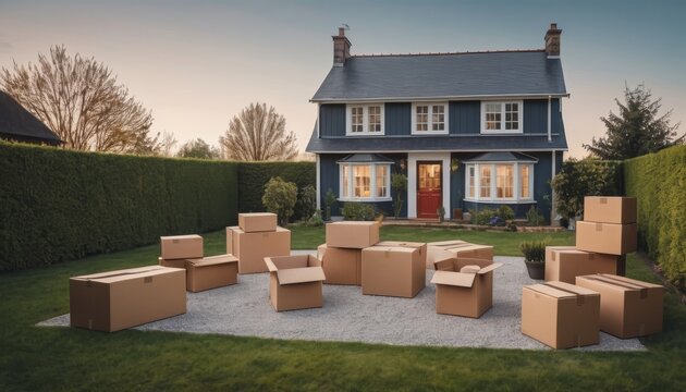 A cozy rural home with neatly stacked moving boxes outside, surrounded by open land, representing the process of real estate downsizing and simplifying one&rsquo;s lifestyle