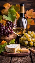 Fototapeta premium This vibrant composition features a glass of white wine alongside a block of cheese and fresh grapes, all set against a rustic wooden table, creating a warm and inviting ambiance