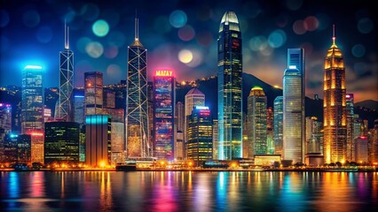 Stunning Low Light Photography of Hong Kong Skyscrapers - Vector Illustration and Line Sketch Masterpiece Showcasing Urban Architecture and City Life at Night
