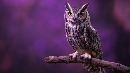 Fototapeta premium A Close-Up of a Brown and Gray Owl Perched on a Branch Against a Purple Background