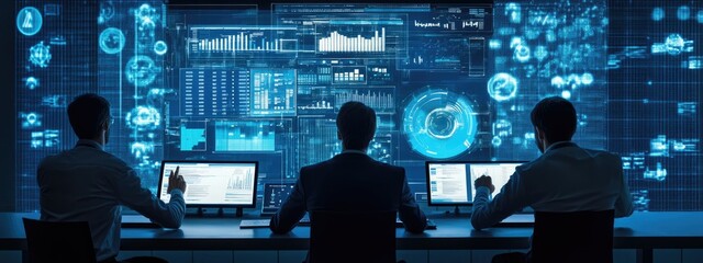 Photo of a group of men using tablets to analyze data and display modern images.