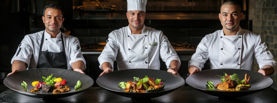 Photo of professional chef serving food on a plate with his cooking expertise.