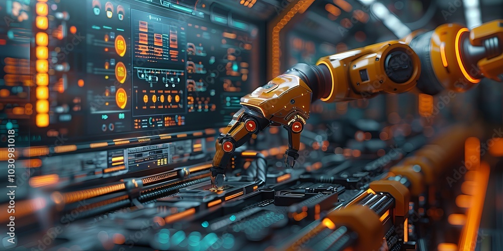 Poster robotic arm working in a high-tech industrial environment with glowing digital interfaces and contro