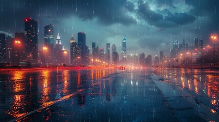 Obraz premium A cityscape during a storm, dark clouds, heavy rain, and the city lights reflecting on wet streets