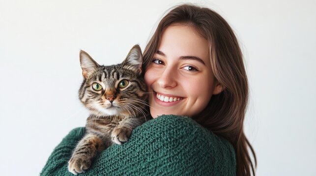 Photo of a woman in a green sweater holding a cat.