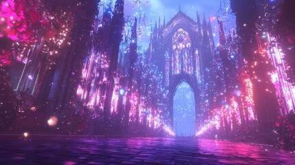 Vibrant Street Festival Celebration in Front of Gothic Cathedral - 3D Rendered Illustration of Cheerful Atmosphere with Colorful Lights and Decorations