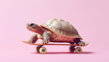 A turtle humorously riding a skateboard, isolated on a pastel pink background, symbolizing speed and unexpected progress  