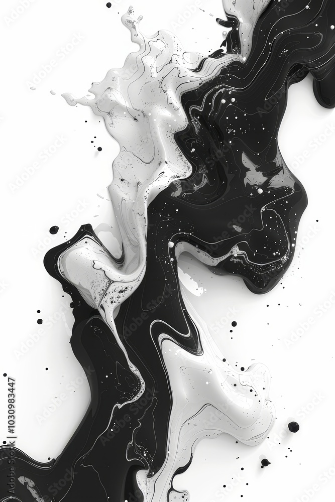 Poster this artwork features a dynamic flow of black and white paint swirling together, creating a striking