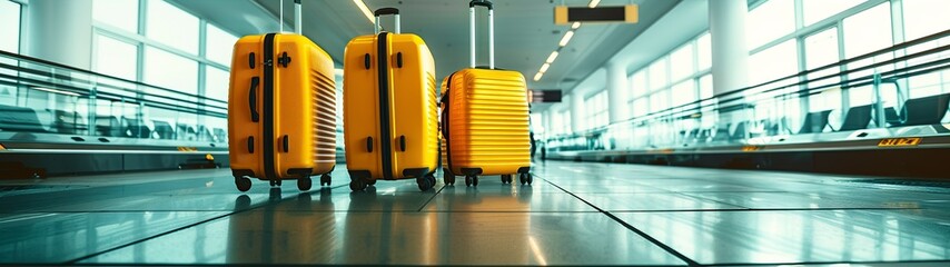Fototapeta premium Three yellow suitcases are lined up in an airport waiting area