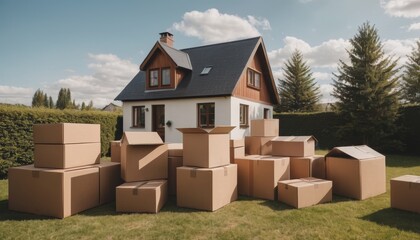 A cozy rural home with neatly stacked moving boxes outside, surrounded by open land, representing the process of real estate downsizing and simplifying one’s lifestyle