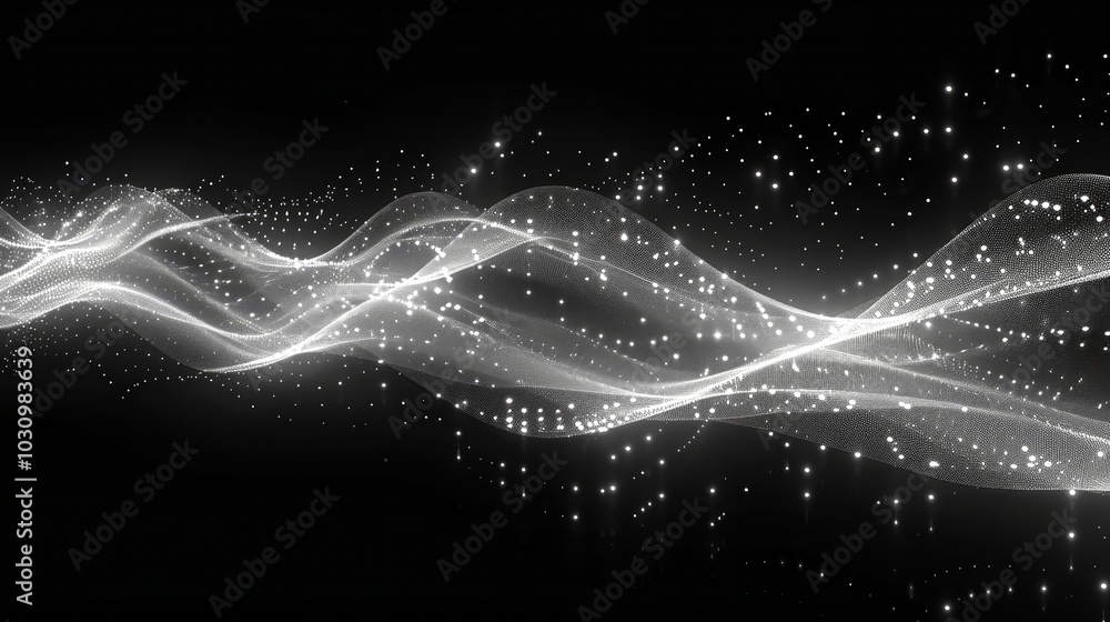 Poster swirling white waves with luminous points of light create a mesmerizing effect against a dark backgr