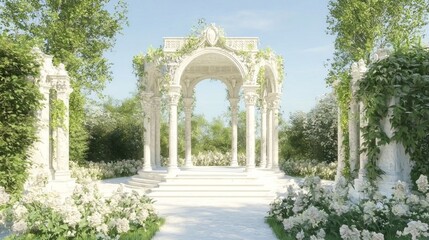 Obraz premium Enchanting 3D Render of Gothic-Style Gazebo in Lush Garden with Blooming Flowers | Ultra-Detailed Serene Architecture Design Illustration