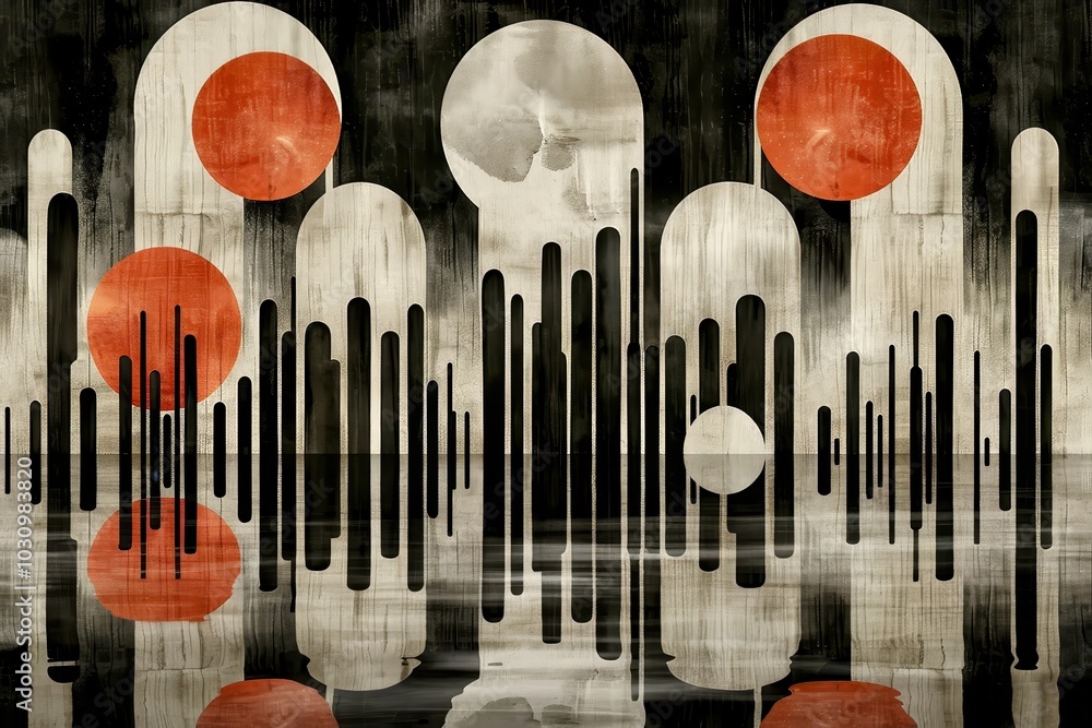 Poster an abstract art piece features bold red and white circles amidst dark vertical lines. the shapes are