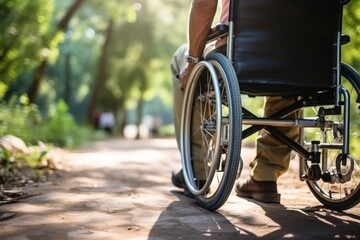 Naklejka premium An elderly person with disabilities in a wheelchair in an summer park. Old age. Walking in a wheelchair in the park