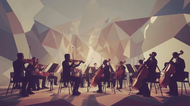 A string quartet performs in a concert hall, bathed in soft light. The geometric background adds a modern touch to the classical performance.