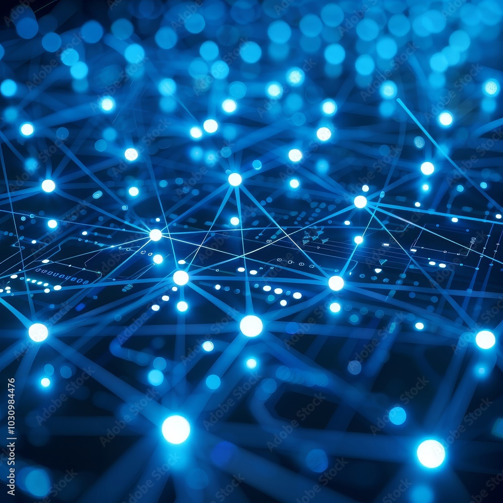 Poster a web of glowing blue dots connected by lines showcases a complex digital network. this illustrates 