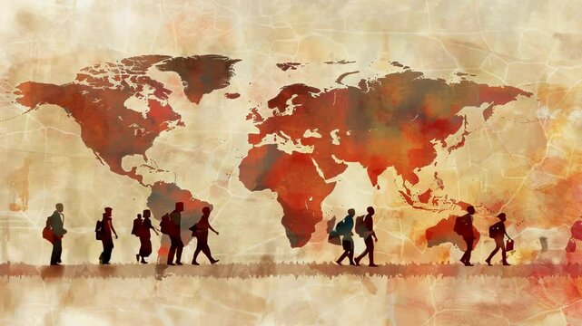 Silhouettes of people carrying bags on the background of the world map