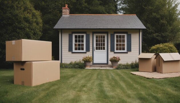 A cozy rural home with neatly stacked moving boxes outside, surrounded by open land, representing the process of real estate downsizing and simplifying one’s lifestyle