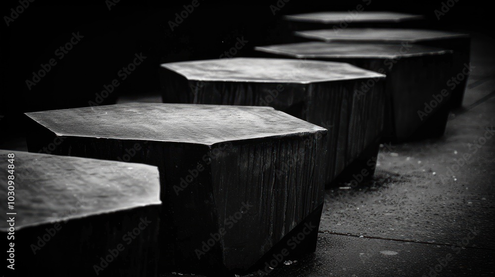 Poster a row of black hexagonal structures