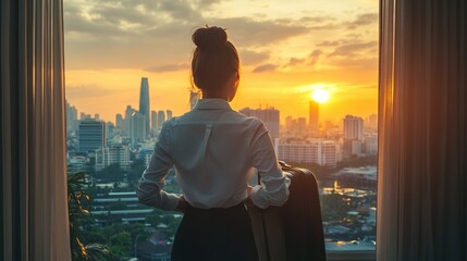 Fototapeta premium Confident businesswoman wearing white shirt and holding suit with suitcase stands in a hotel room while looking at the view from window Beautiful sunset. Woman enjoying her holiday in a luxury hotel