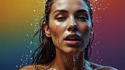 Cleaning the skin, women, washing their face, taking a shower, ladies, wet, fresh, cool, no acne, healthy facial skin.