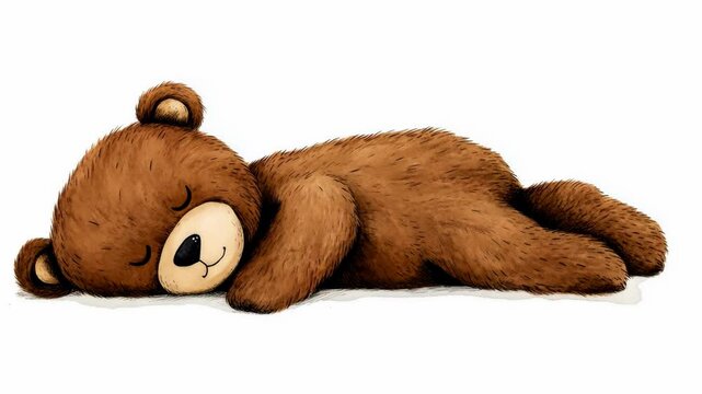 A brown teddy bear is sleeping soundly on a white background