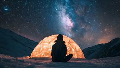 A woman seated inside an igloo, gazing up at the stunning Milky Way  
