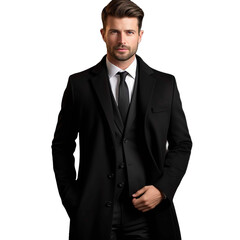 A man in a black suit and tie poses for a photo