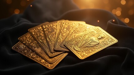 Elegant deck of gold and black playing cards displayed on a dark velvet surface with ornate designs visible in intricate detail