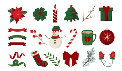 Merry Christmas and Happy New Year Holiday Icons in Flat Style on White Background. Vector Illustration Tree, Christmas Candy, Mittens, Sock, Bow, Gift Box, Candle, Toy, Hot Chocolate, Poinsettia.