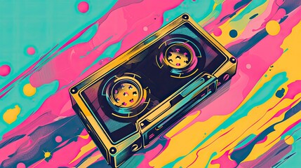 Colorful cassette tape illustration on vibrant background.
