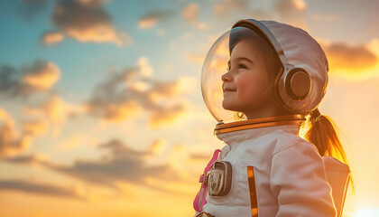 A young girl playing astronaut against a sunset sky, embodying dreams of space exploration in her costume  