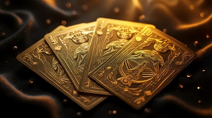Elegant deck of gold and black playing cards displayed on a dark velvet surface with ornate designs visible in intricate detail