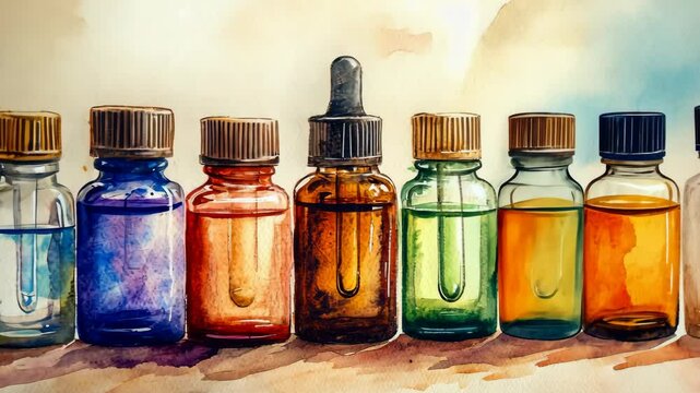 A row of colorful essential oil bottles sits on a wooden table, ready to be used for aromatherapy