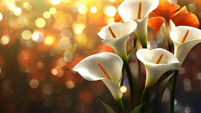White calla lilies bloom in the afternoon light, their petals catching the golden glow