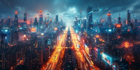 Obraz premium Futuristic cityscape at night with glowing skyscrapers, flying vehicles, and illuminated highways under a rainy sky