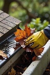 Hand wear gloves is collecting leaves from the rain gutter, cleaning, maintenance.