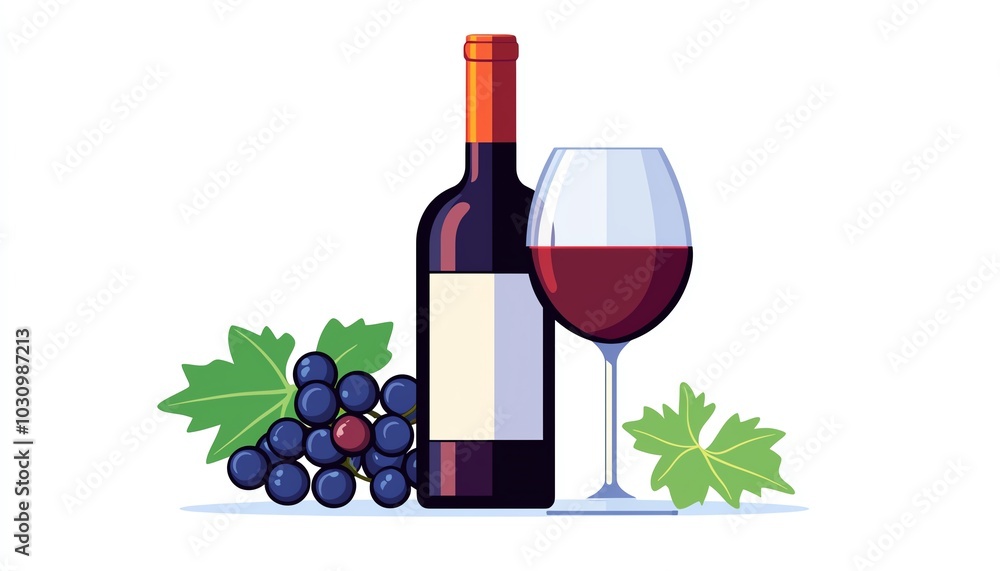 Wall mural Red wine bottle with a glass and grapes, isolated on white background.