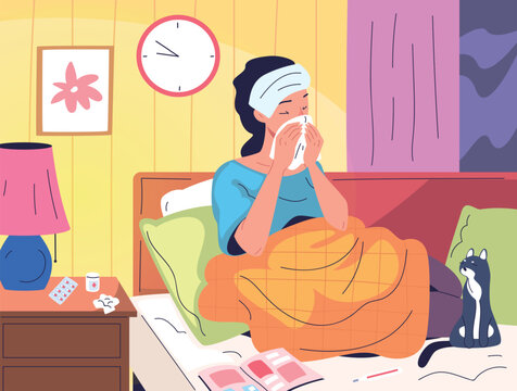 Sick woman in blanket. Unwell girl cold ill flu in bed cover blanket, illness recovery lady sneeze with paper towel seasonal sickness home treatment, classy vector illustration